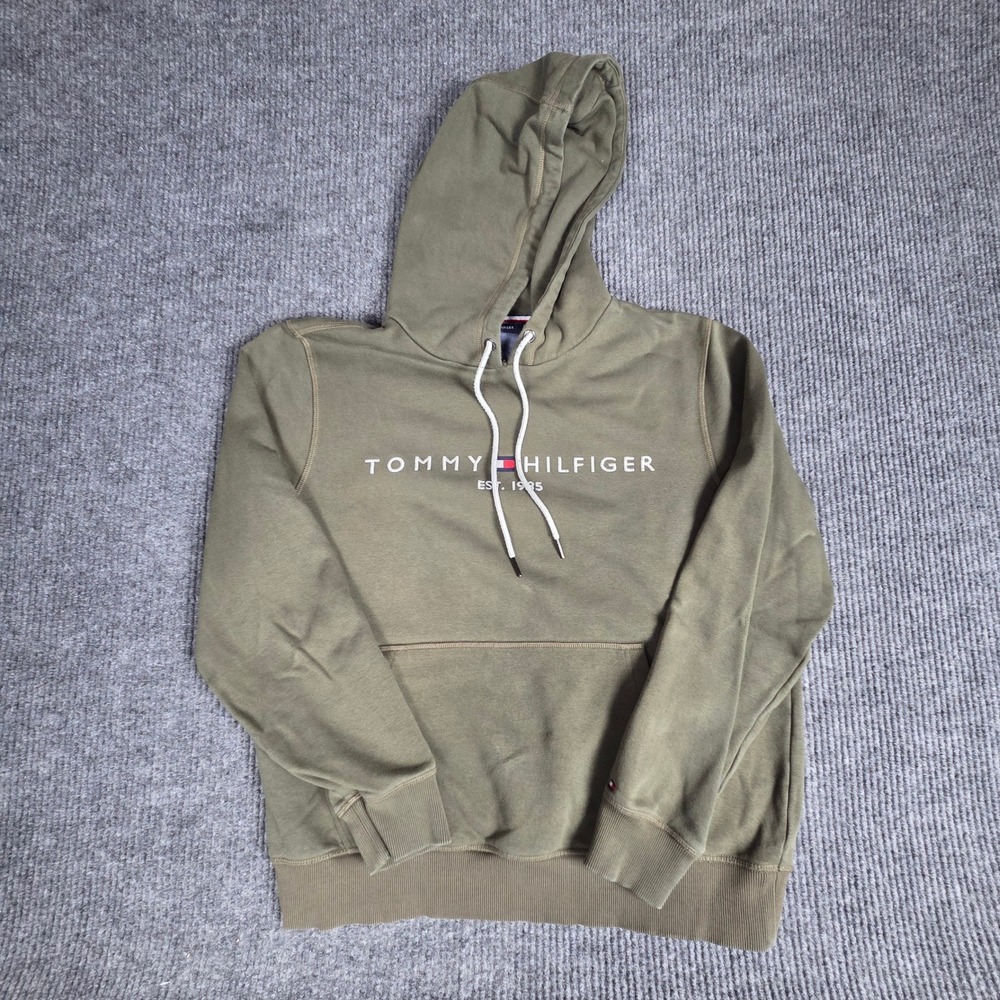 Tommy Hilfiger Olive Green EST 1985 Logo Graphic Hoodie Pullover Size Small